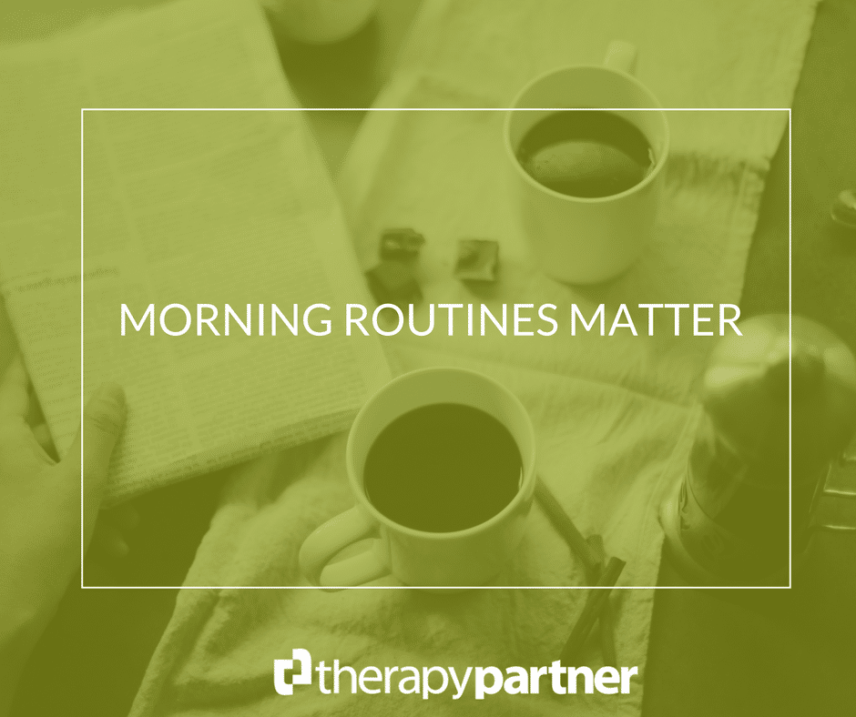 image of coffee cups and newspaper with green overlay and text Morning Routines Matter