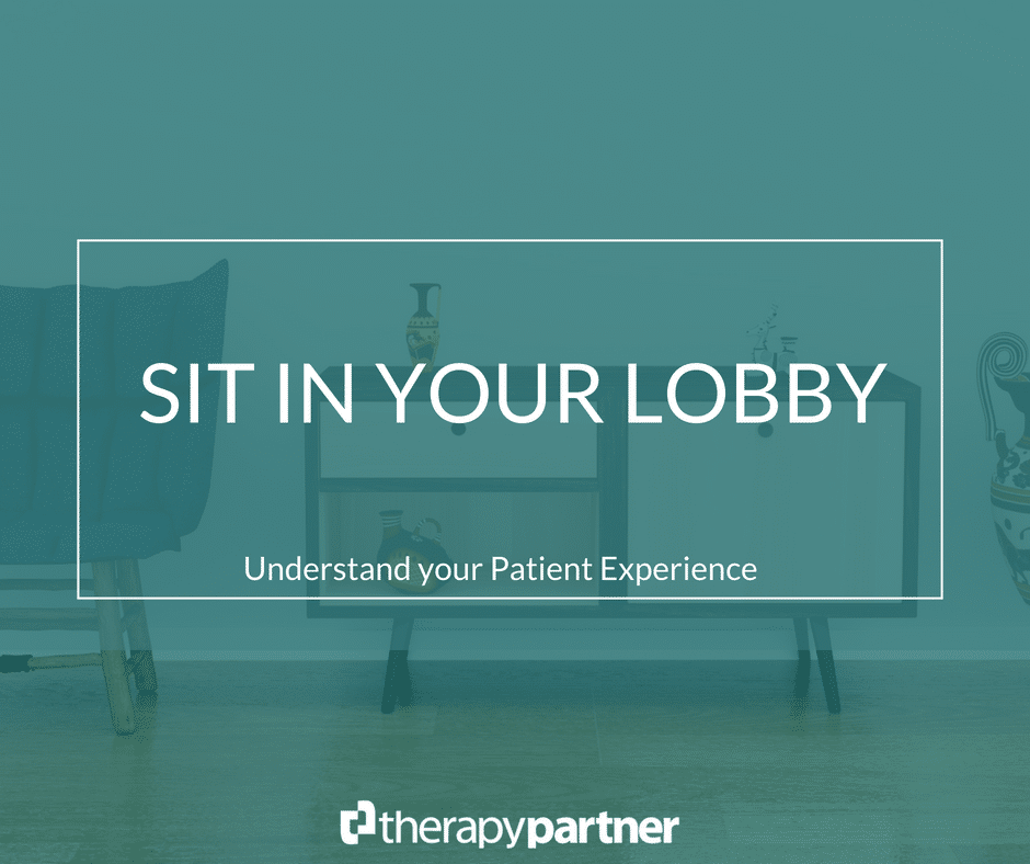 Image chair and a table with blue opverlay and text Sit In your Lobby Understand your patient experience